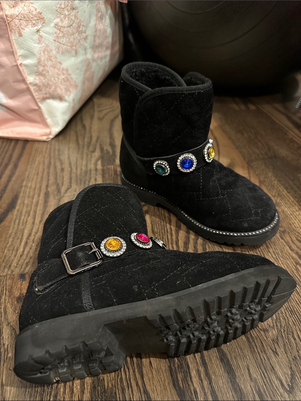 Kurt Geiger Black Girls' Quilted Suede Boots with Multicolor Gem Trim